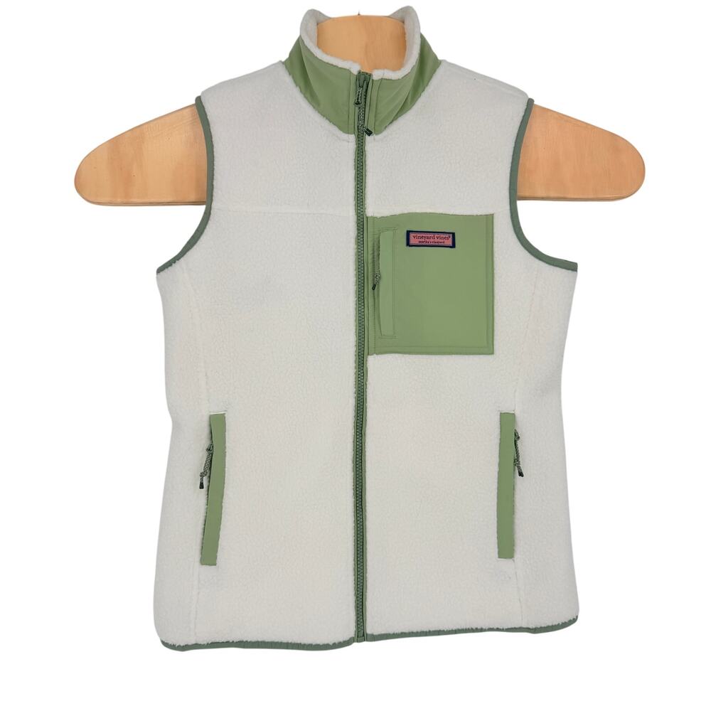 Vineyard Vines Vest Women’s Size XS White Green Mixed Media Sherpa Fleece Preppy